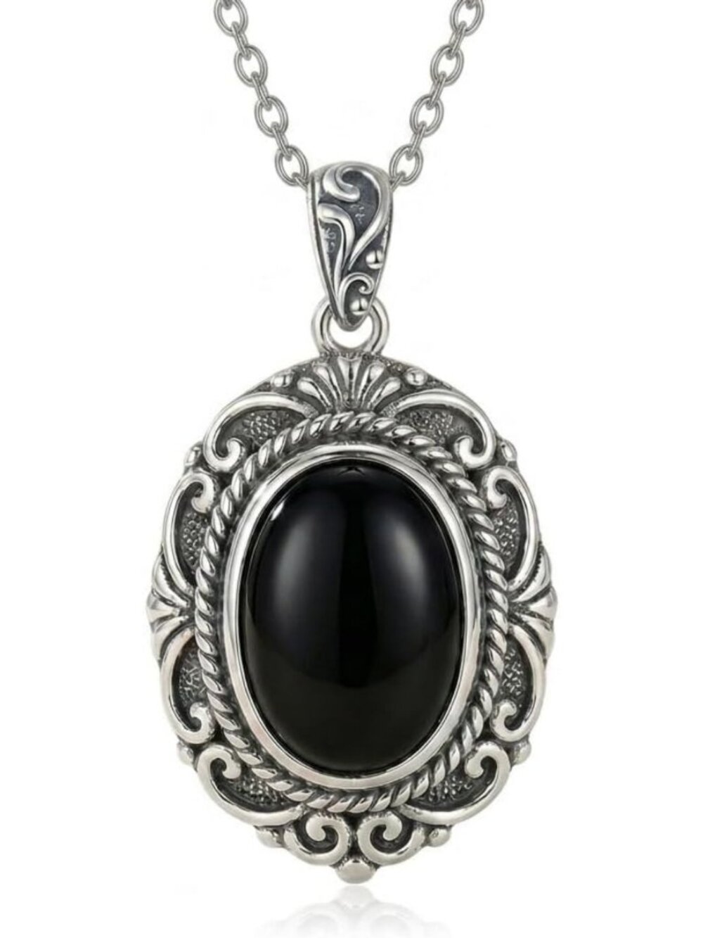 Vintage 925 Sterling Silver Black Onyx Oval Pendant Necklace for Women, Filigree